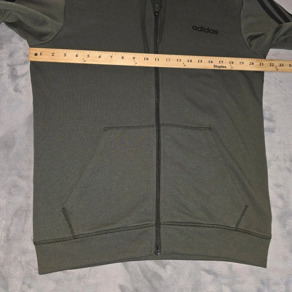 Adidas Mens Full Zip Hoodie Olive Green Three Stripe Athletic Sweatshirt Medium